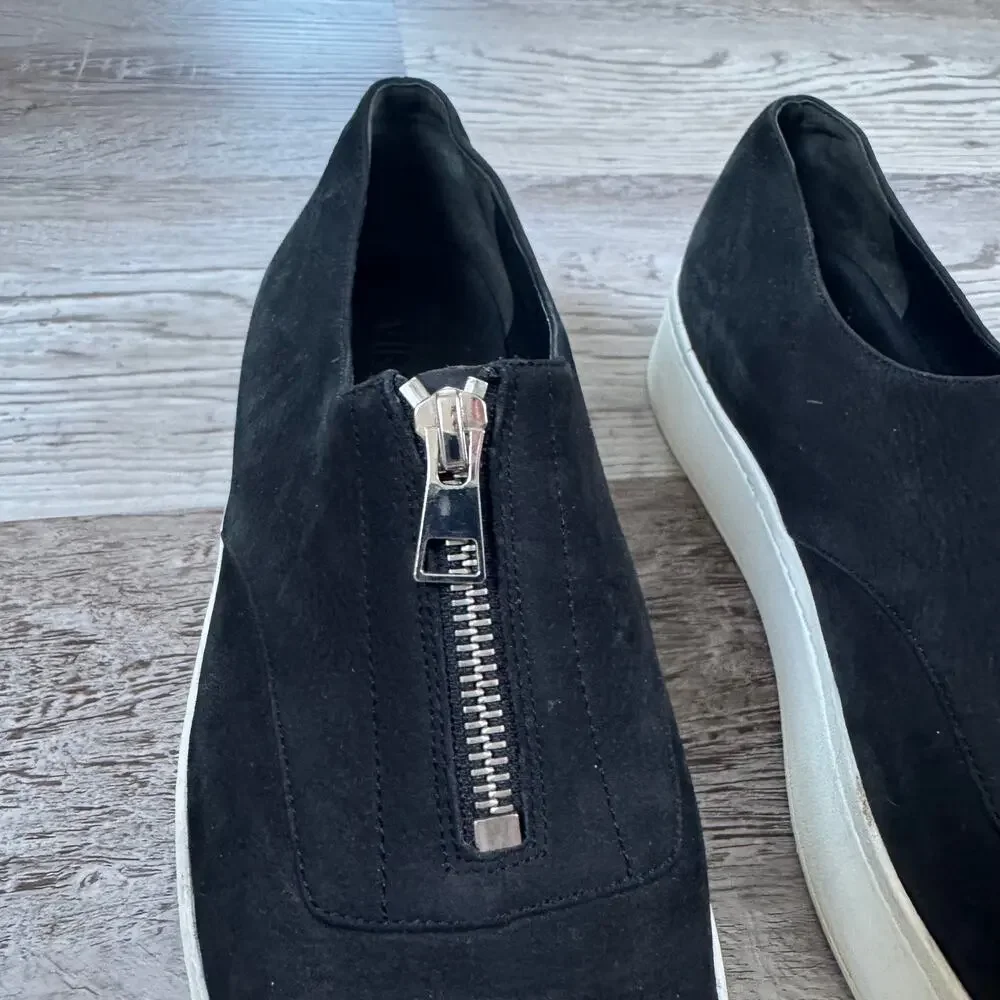 Vince Black Suede Platform Slip-On Sneakers Front Zip Womens 7.5